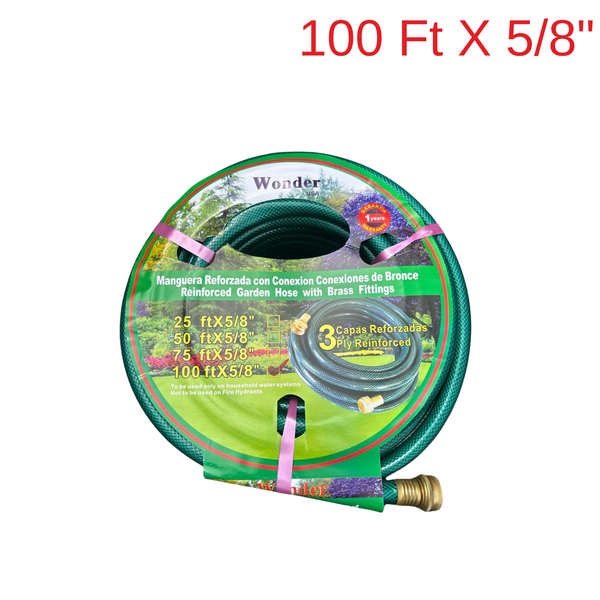 Wonder USA 100ft x 5/8" Green Reinforced Garden Hose With Brass Fittings