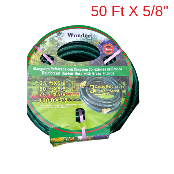 Wonder USA 50ft x 5/8" Green Reinforced Garden Hose With Brass Fittings