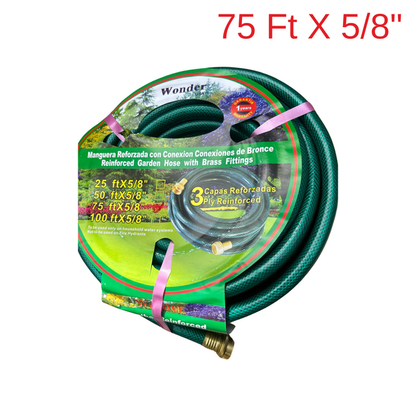 Wonder USA 75ft x 5/8" Green Reinforced Garden Hose With Brass Fittings