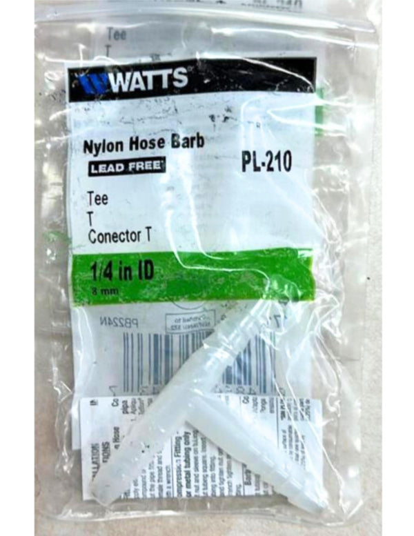 Watts PL-210 Tee Barb 1/4" 8mm Tee T Connector Nylon Hose Fitting Lead Free