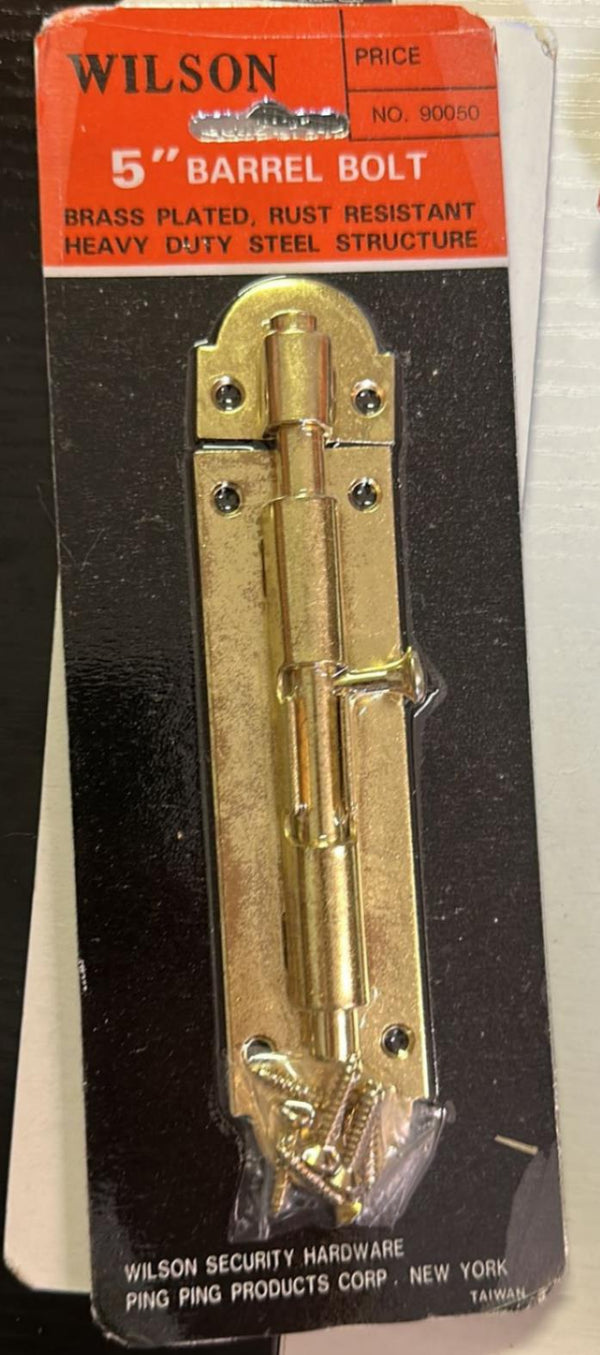 Wilson 90050 5" Barrel Bolt Brass Plated Rust Resistant Sliding Security Lock
