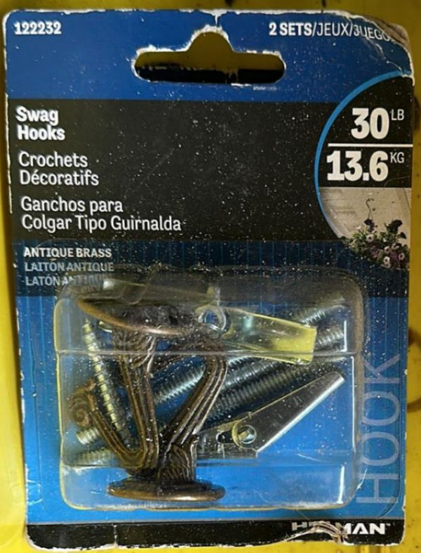 Hillman 122232 2 Set Antique Brass-Plated Swag Hooks