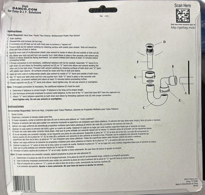 Danco 88188 1-1/2 in. x 1-1/2 in. Plastic Tub Trap - Black