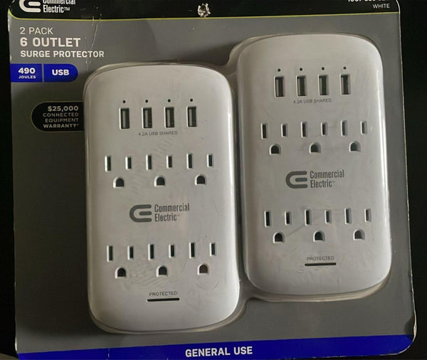 Commercial Electric 6-Outlet 490 Joule Surge Protector w/ 4 USB-A White